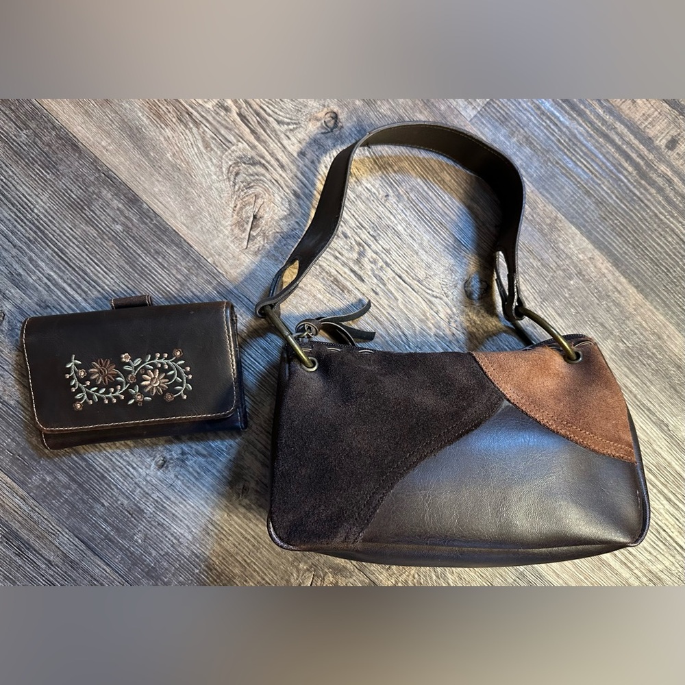 Brown leather with suede purse with brown wallet embroidered